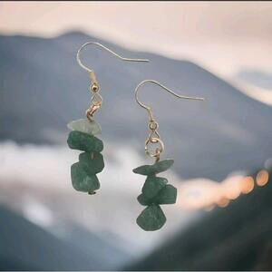 Handmade Aventurine Stone Drop Gold Dangle Earrings Green Earrings